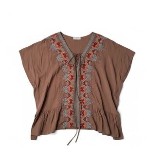 Tan Embroidered Lace Up Ruffle Bottom Boxy Batwing Top Cover Up Size S Boutique